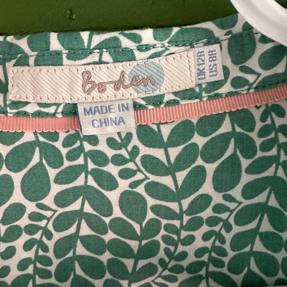 Boden Green and Pink Leaf Pattern Top